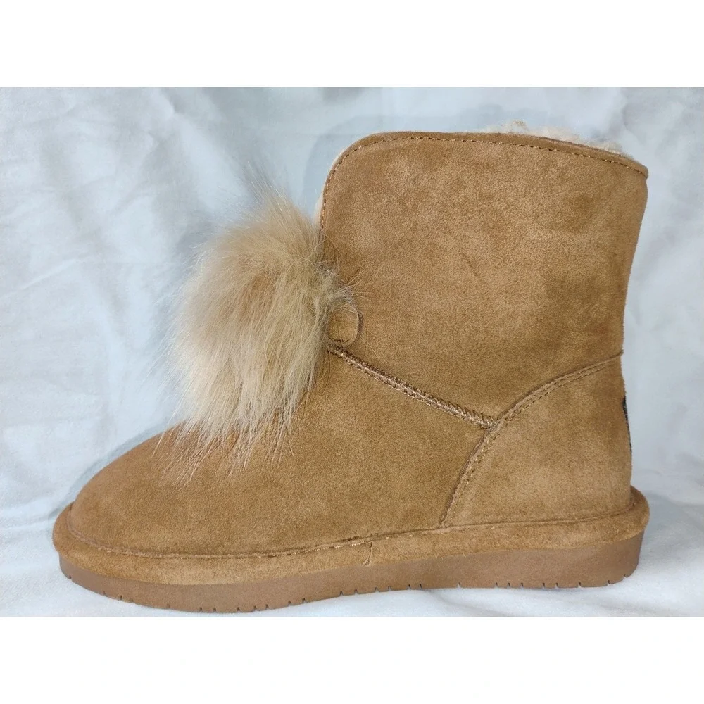 Bearpaw Suede Boots with Fur‎ Pom Pom Detail - Women's Winter Ankle Boots